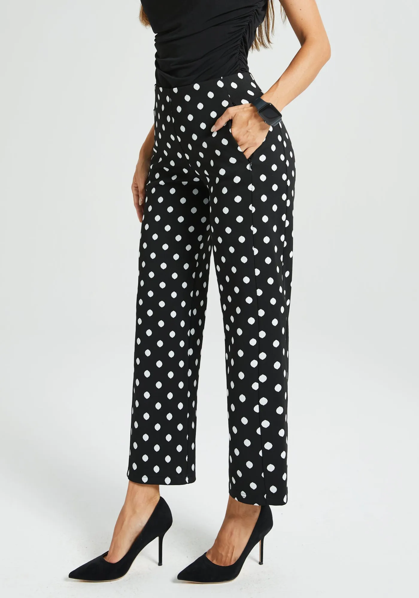 Monroe Crop Trouser | Straight (Black Ivory Dot) sold by Betabrand product image thumbnail 2