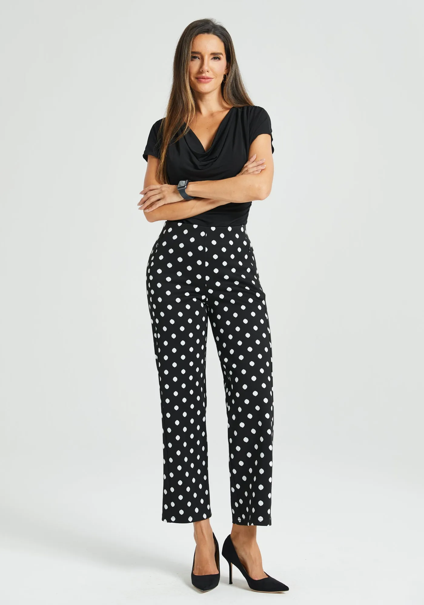 Monroe Crop Trouser | Straight (Black Ivory Dot) sold by Betabrand