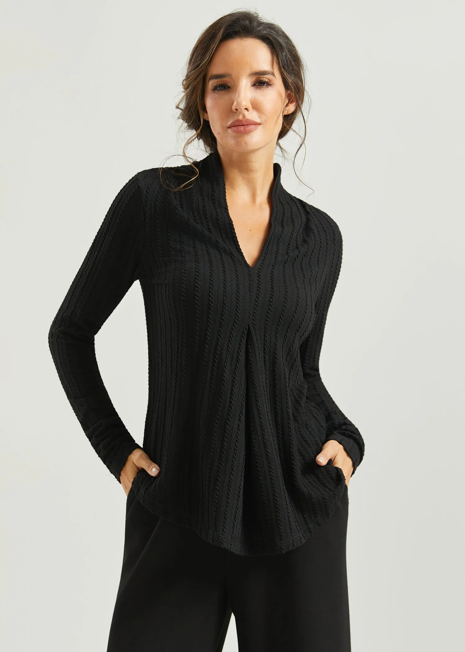 MiniCable Pleated V-Neck Top (Black) sold by Betabrand
