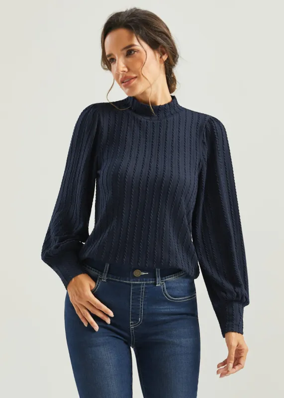 MiniCable Puff Sleeve Mockneck (Navy) sold by Betabrand