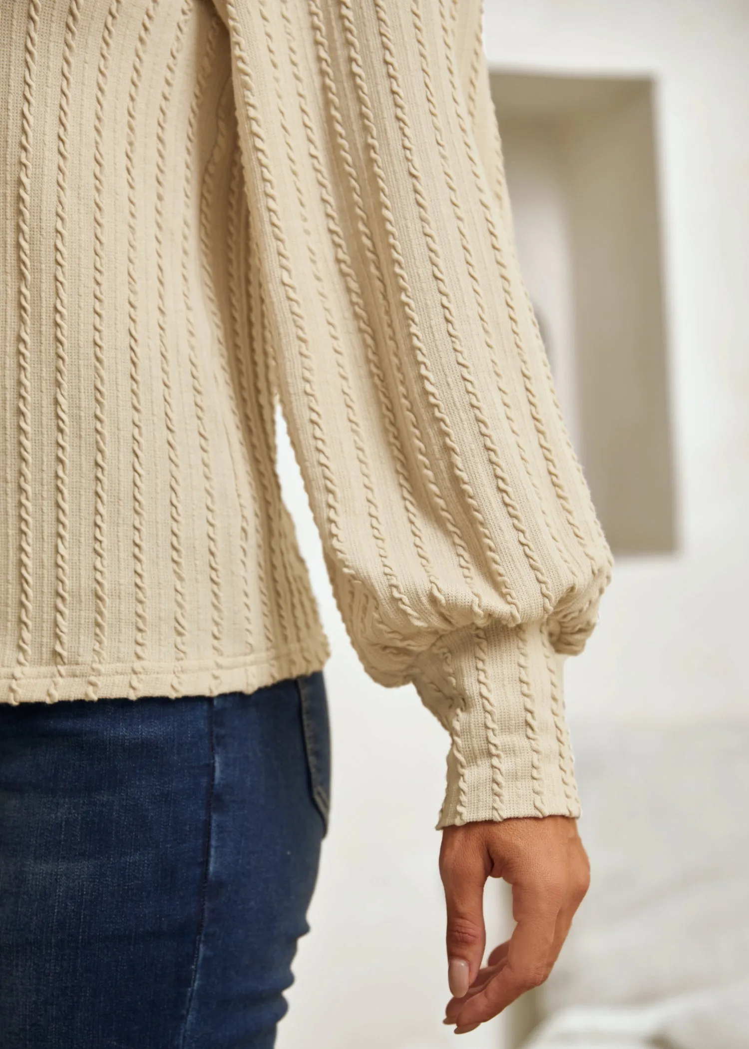 MiniCable Puff Sleeve Mockneck (Oatmeal) sold by Betabrand product image thumbnail 3