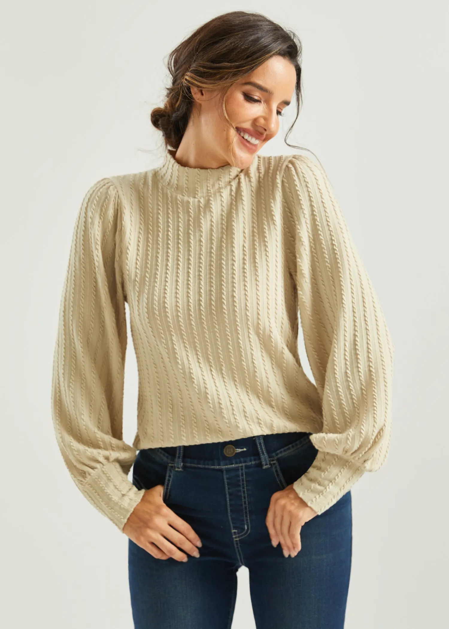 MiniCable Puff Sleeve Mockneck (Oatmeal) sold by Betabrand product image thumbnail 2