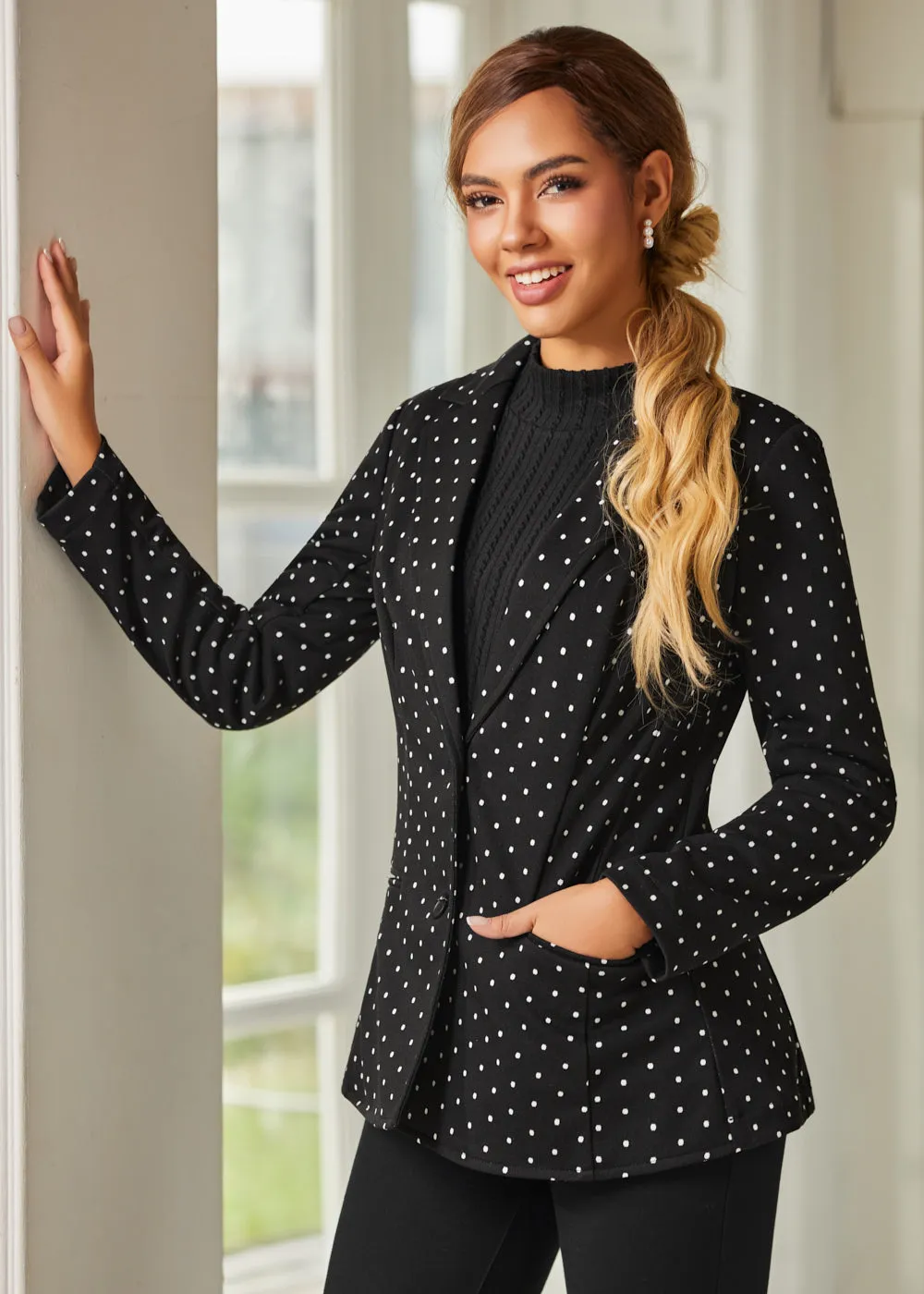 Classic Blazer | Knit Jacquard (Black Ivory Dot) sold by Betabrand