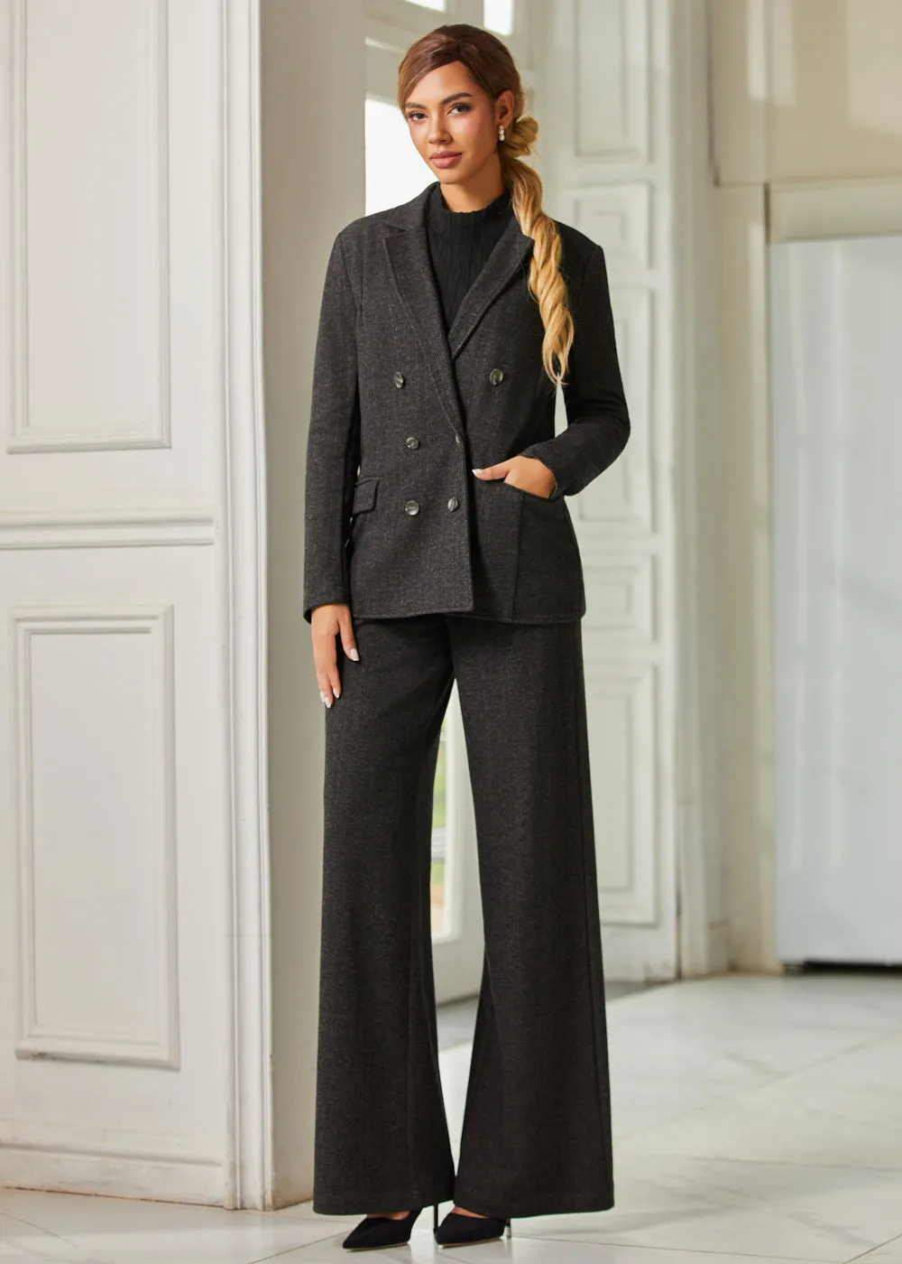 Double Breasted Blazer | Knit Jacquard (Charcoal Herringbone) sold by Betabrand product image thumbnail 3