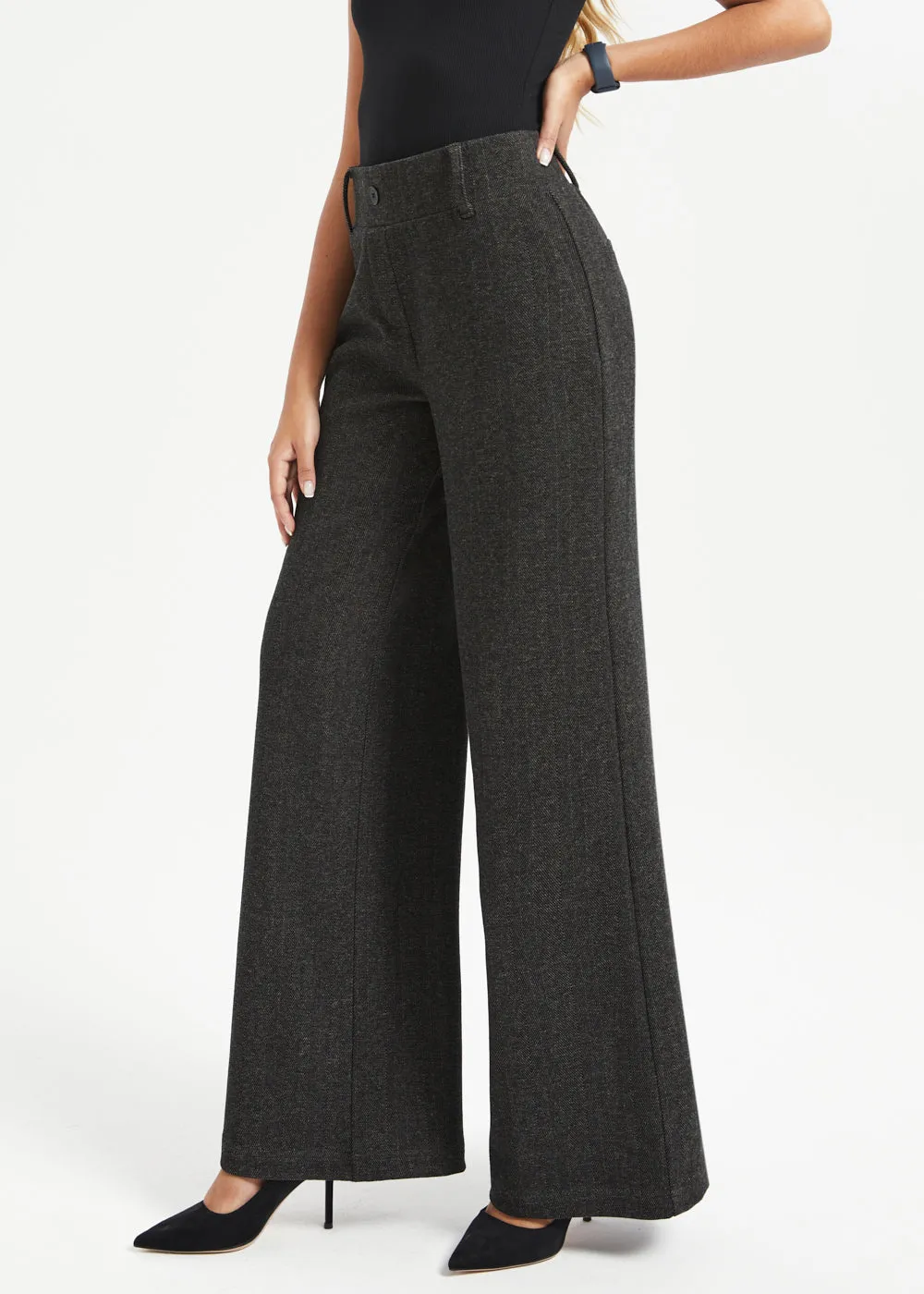 Classic High-Waist DPYP™ Dress Pant Yoga Pants | Wide (Charcoal Herringbone) sold by Betabrand