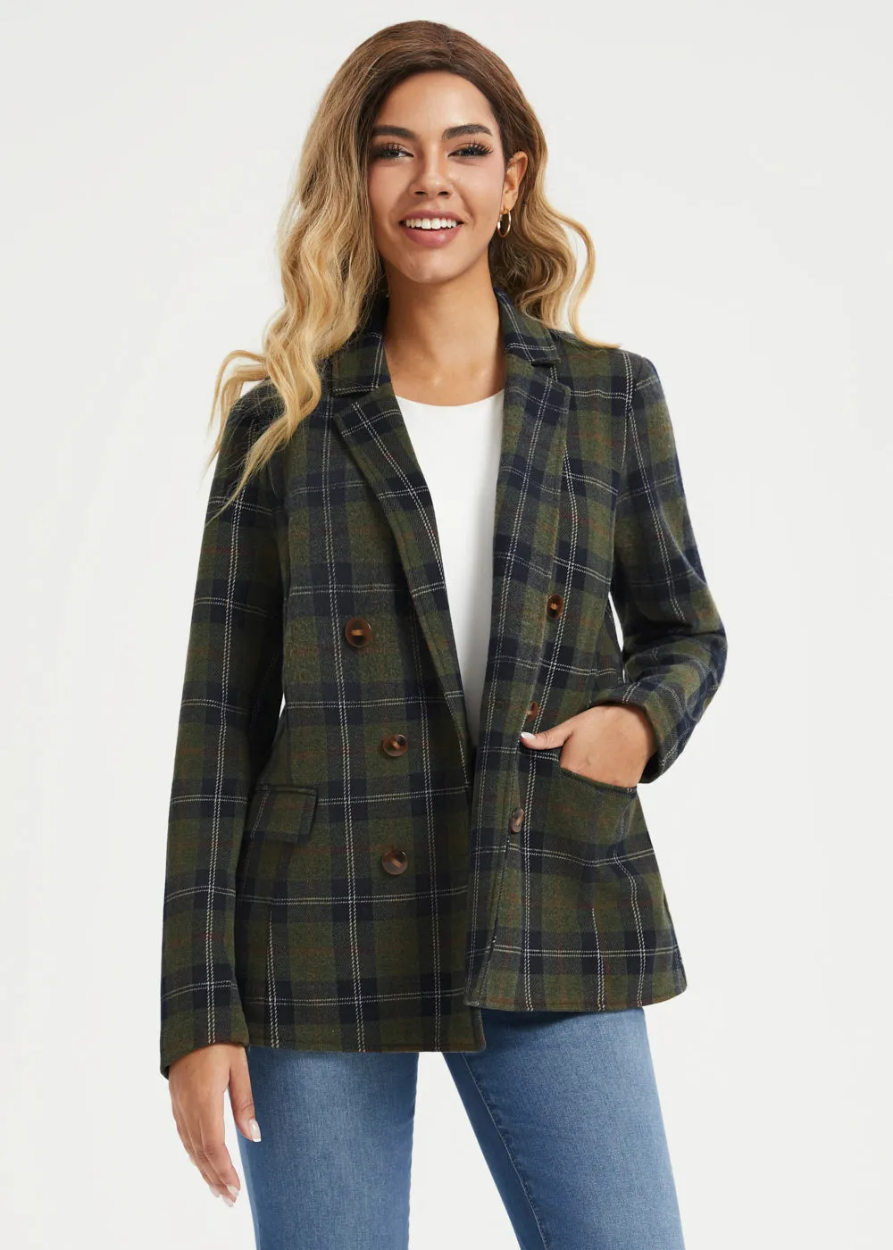 Double Breasted Blazer | Knit Jacquard (Green Plaid) sold by Betabrand product image thumbnail 3