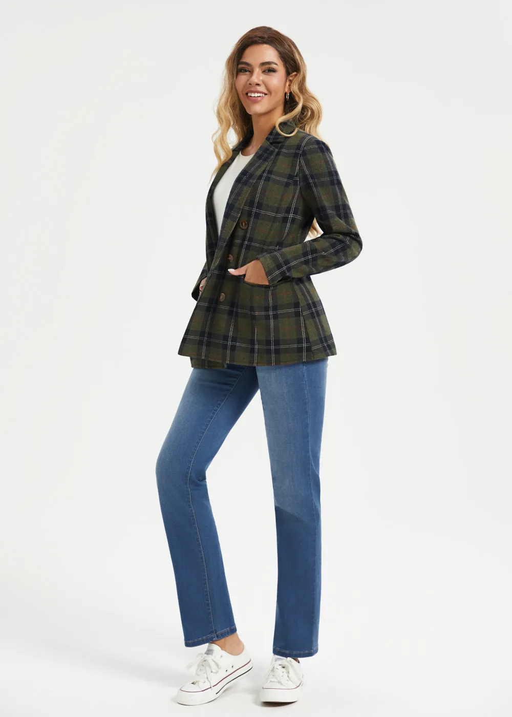 Double Breasted Blazer | Knit Jacquard (Green Plaid) sold by Betabrand product image thumbnail 4