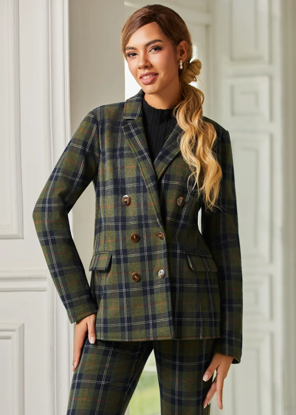 Double Breasted Blazer | Knit Jacquard (Green Plaid) sold by Betabrand product image thumbnail 2