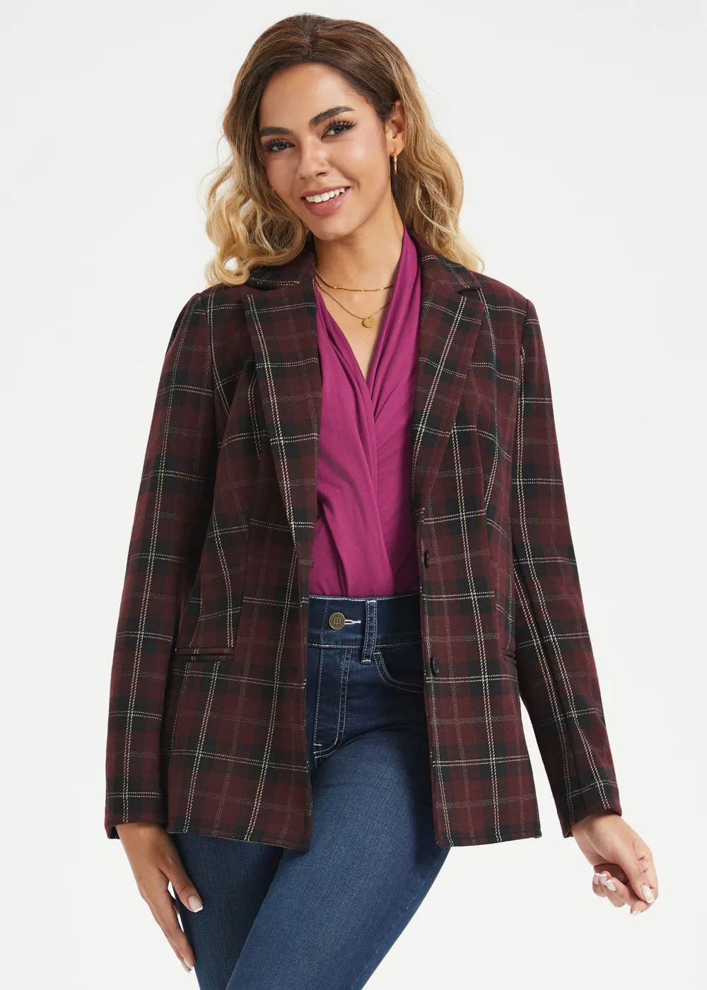 Classic Blazer | Knit Jacquard (Burgundy Plaid) sold by Betabrand product image thumbnail 4