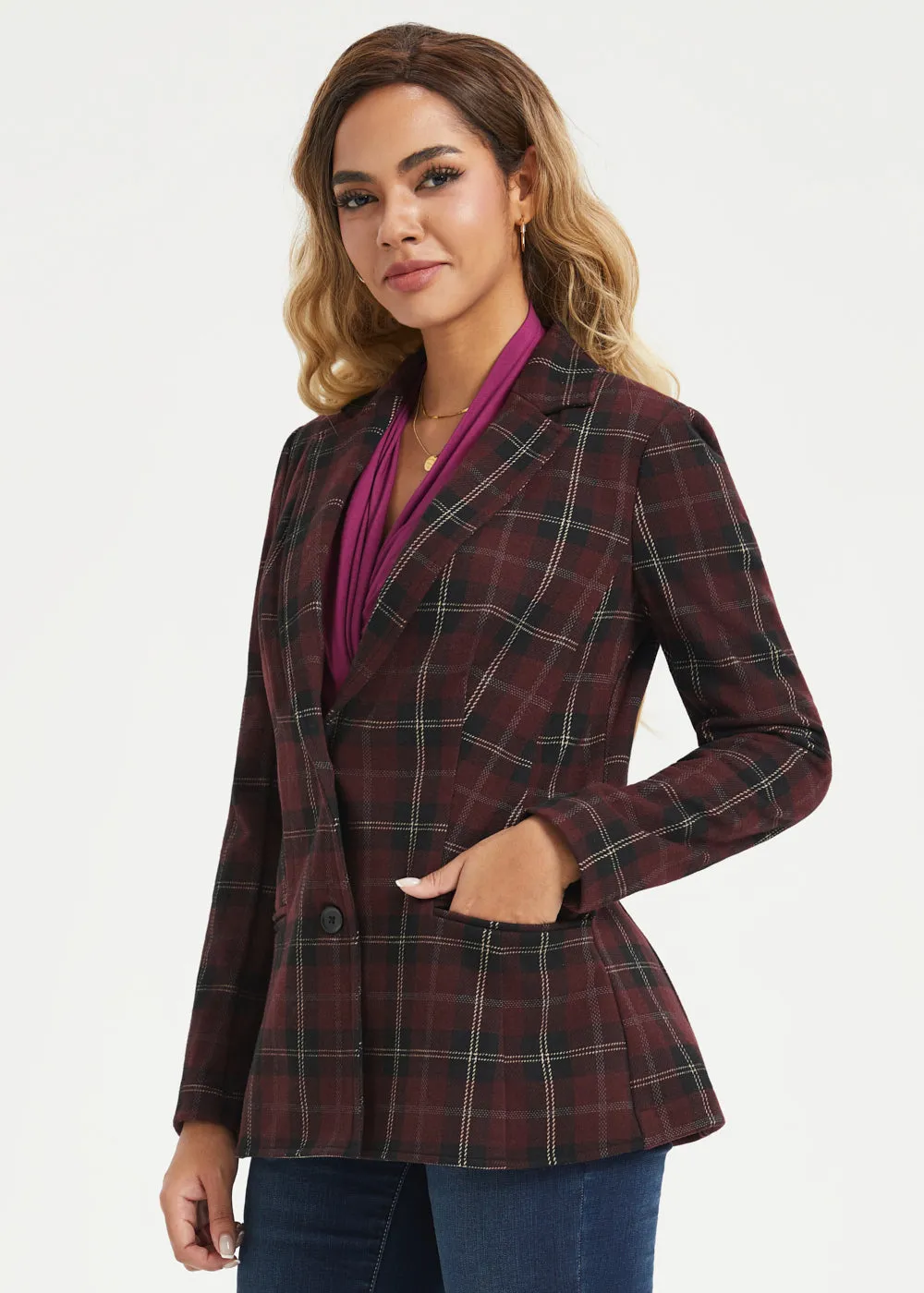 Classic Blazer | Knit Jacquard (Burgundy Plaid) sold by Betabrand product image thumbnail 5