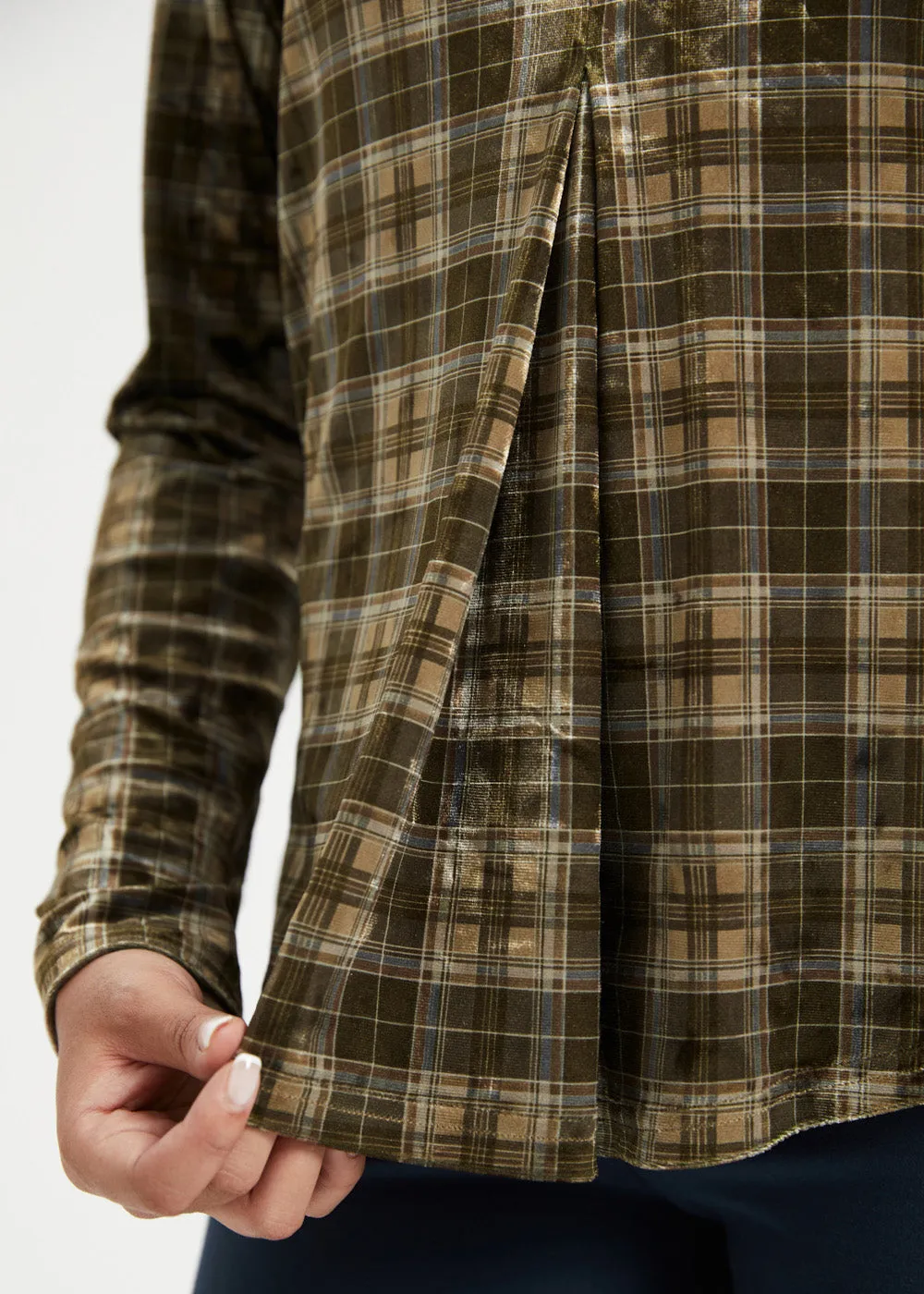 LuxeVelvet Pleated V-Neck Top (Brown Plaid) - Final Sale sold by Betabrand product image thumbnail 3