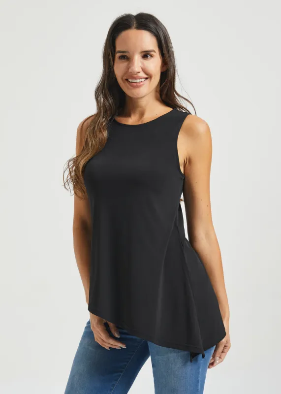 Asymmetrical Hem Sleeveless Tunic | Matte Jersey (Black) sold by Betabrand