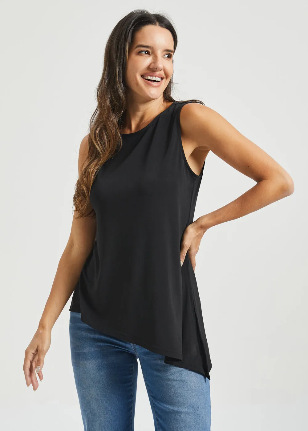 Asymmetrical Hem Sleeveless Tunic | Matte Jersey (Black) sold by Betabrand product image thumbnail 3