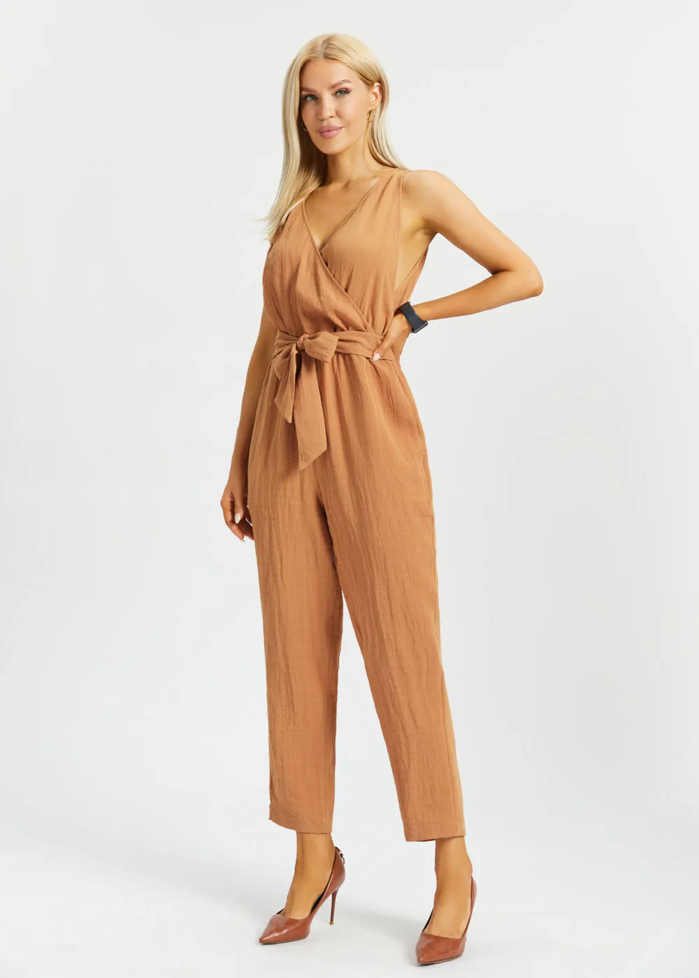Drift Jumpsuit | Linenette (Sandalwood) sold by Betabrand product image thumbnail 3