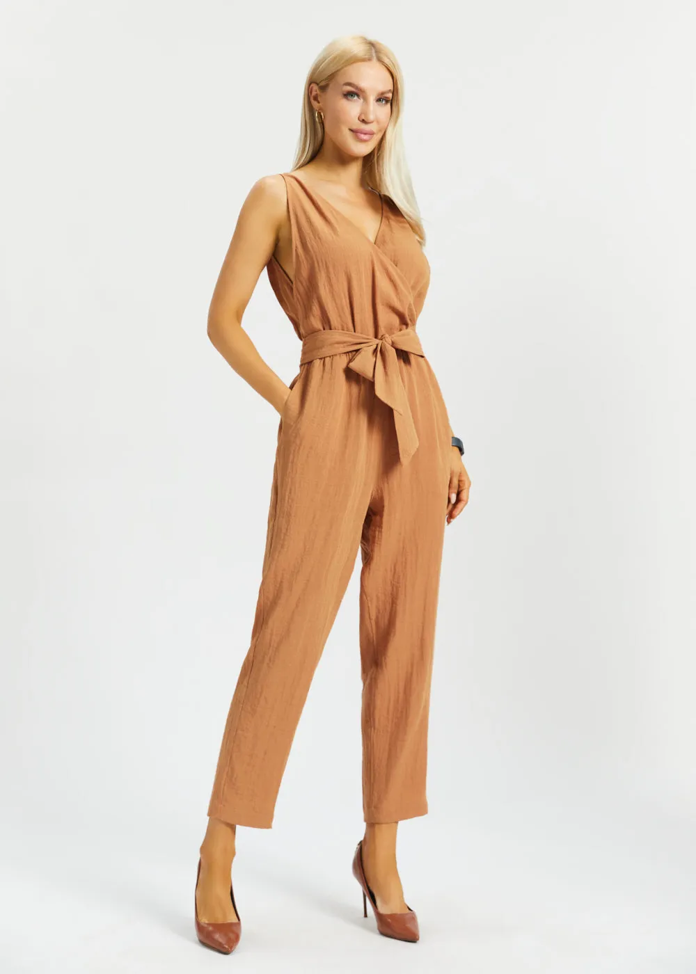Drift Jumpsuit | Linenette (Sandalwood) sold by Betabrand product image thumbnail 5