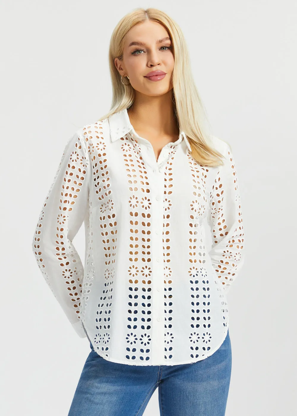 Eyelet Shirt Long Sleeve | Cotton (Star White) sold by Betabrand