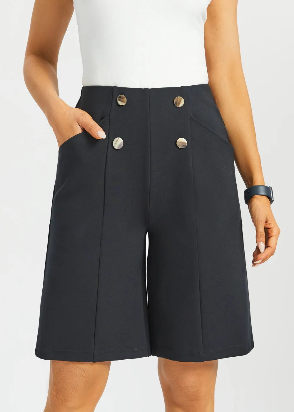 Atlantic Wide-Leg Bermuda Shorts | Stretch Ponte (Black) - Final Sale sold by Betabrand product image thumbnail 2