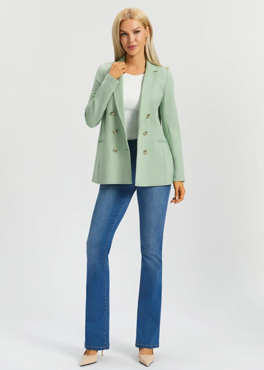 Double Breasted Blazer | Stretch Ponte (Muted Mint) sold by Betabrand product image thumbnail 2