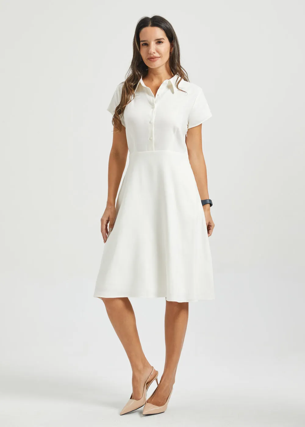 Fit & Flare Shirt Dress | AirWeave Stretch Linen (Star White) sold by Betabrand product image thumbnail 5