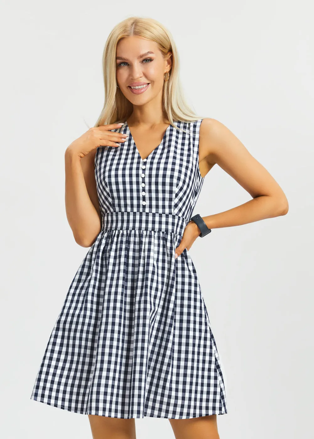 Gingham Fit & Flare Dress (Navy) sold by Betabrand product image thumbnail 2