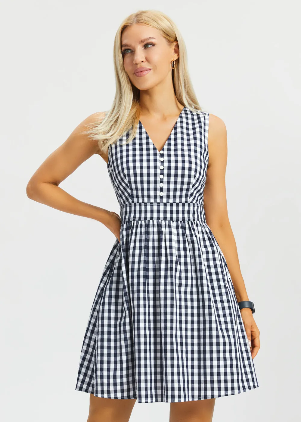 Gingham Fit & Flare Dress (Navy) sold by Betabrand product image thumbnail 4