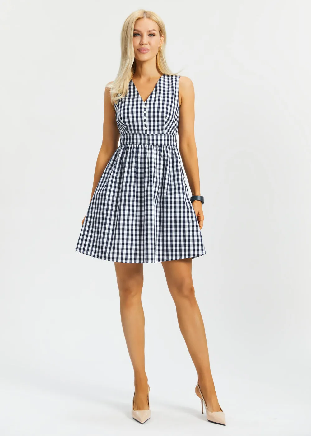 Gingham Fit & Flare Dress (Navy) sold by Betabrand