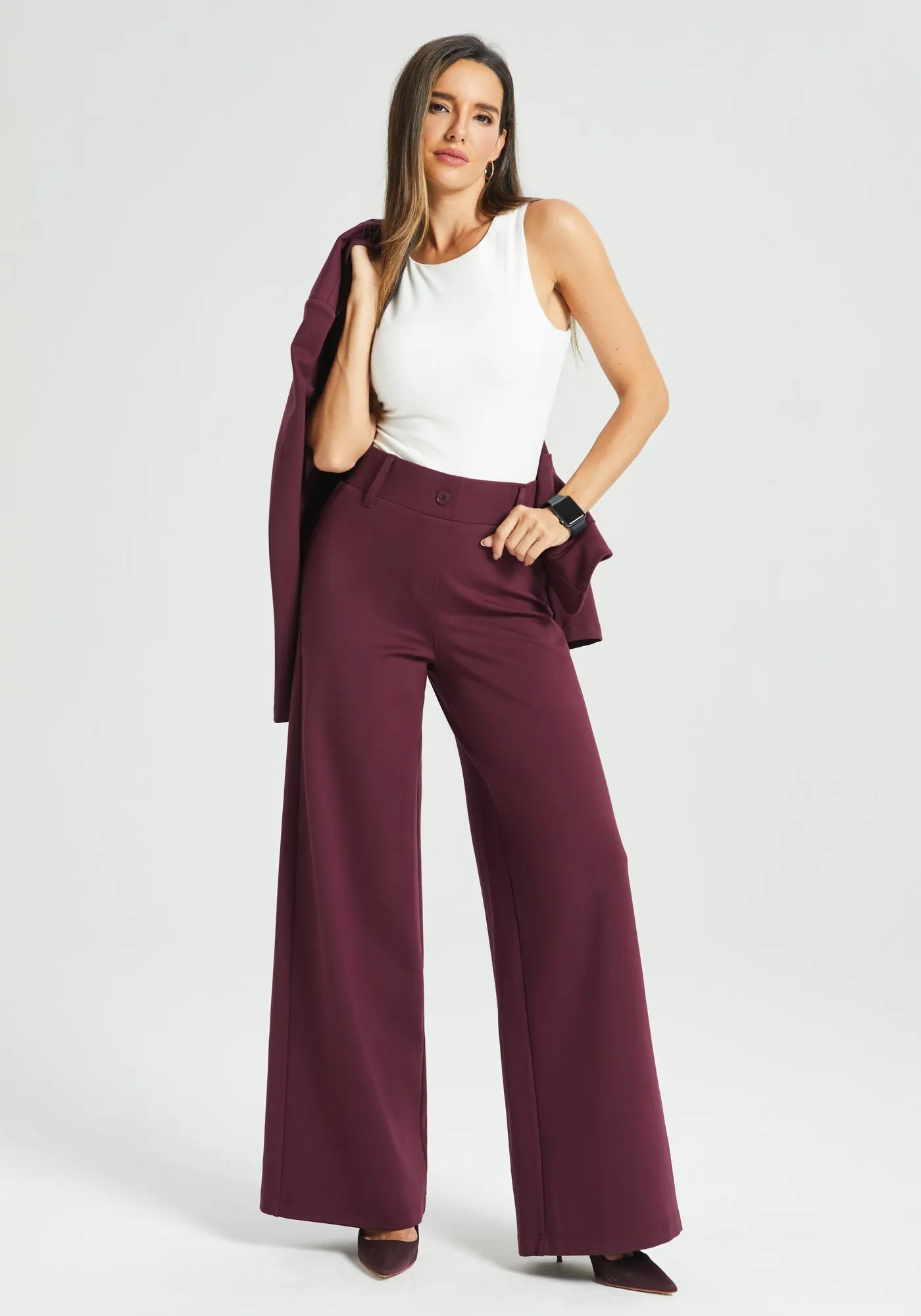 Classic High-Waist DPYP™ Dress Pant Yoga Pants | Wide (Burgundy) sold by Betabrand product image thumbnail 5