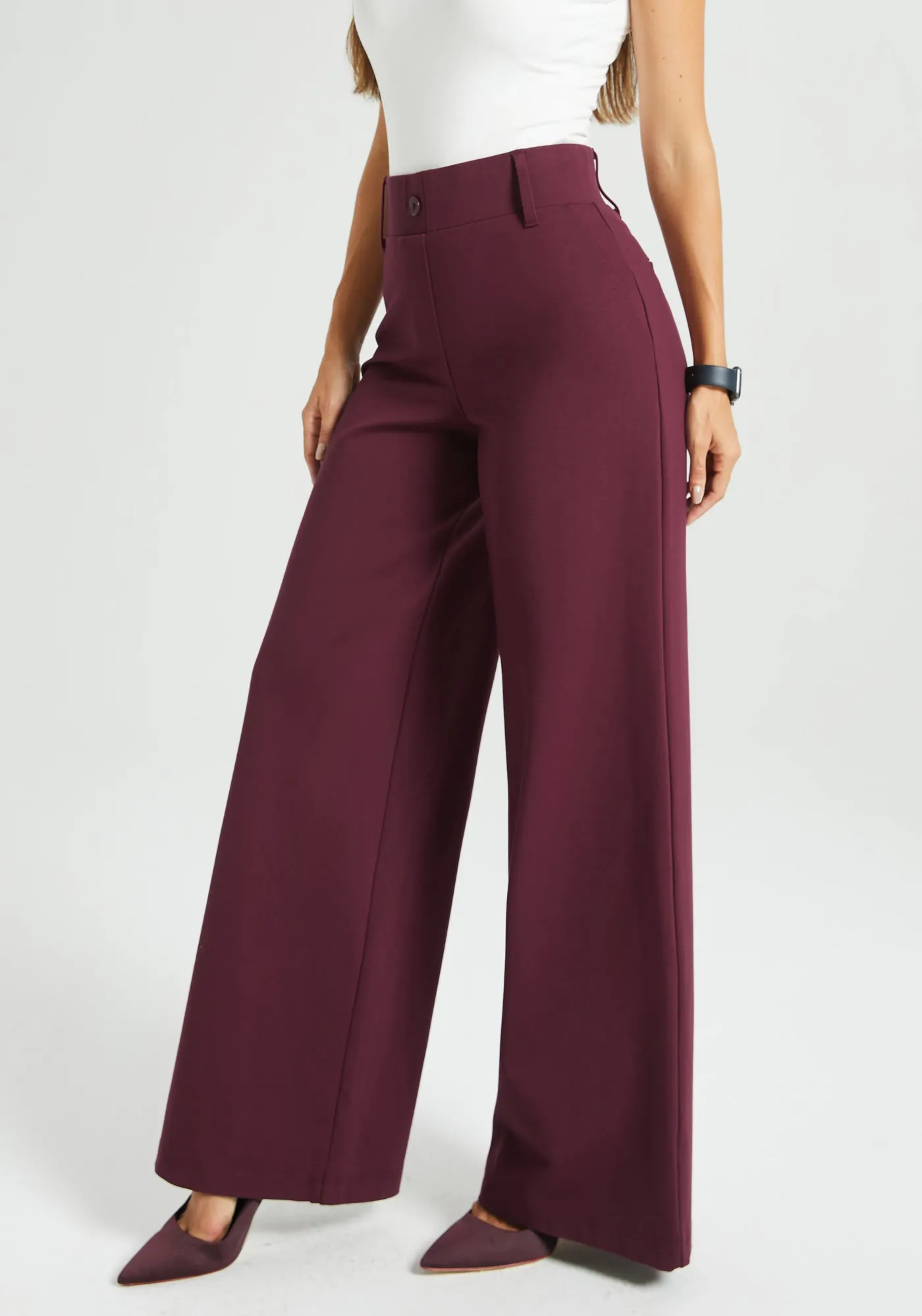 Classic High-Waist DPYP™ Dress Pant Yoga Pants | Wide (Burgundy) sold by Betabrand product image thumbnail 2