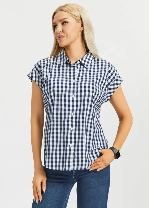 Cap Sleeve Shirt | Cotton (Navy Gingham) made by Betabrand