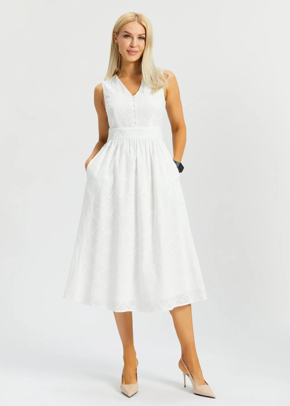 Eyelet Fit & Flare Dress | Cotton (Star White) sold by Betabrand product image thumbnail 4