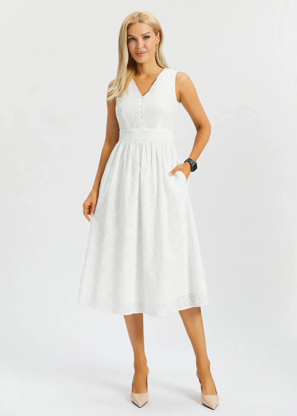 Eyelet Fit & Flare Dress | Cotton (Star White) sold by Betabrand