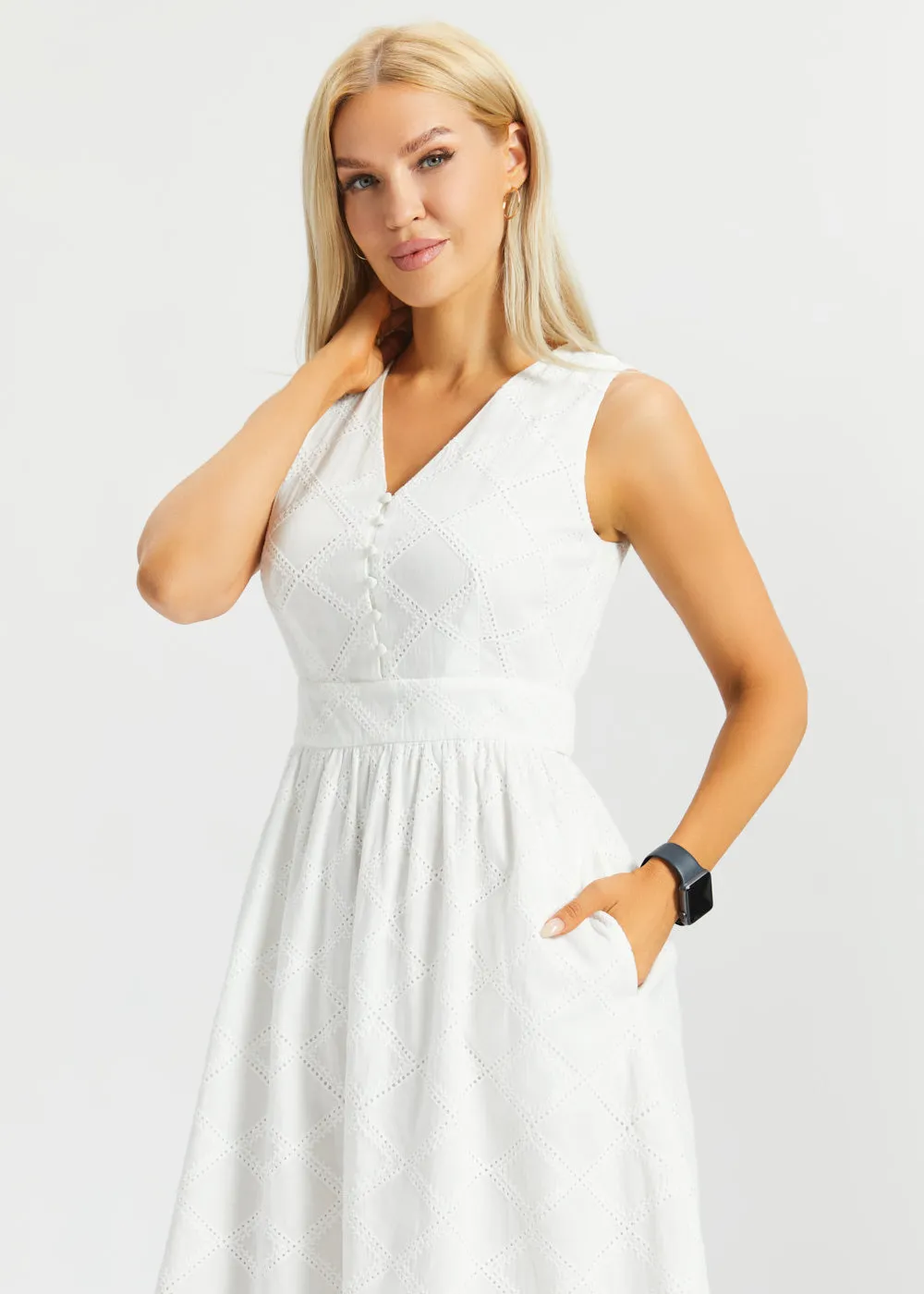 Eyelet Fit & Flare Dress | Cotton (Star White) sold by Betabrand product image thumbnail 5
