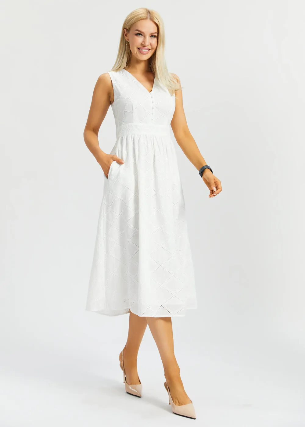 Eyelet Fit & Flare Dress | Cotton (Star White) sold by Betabrand product image thumbnail 3