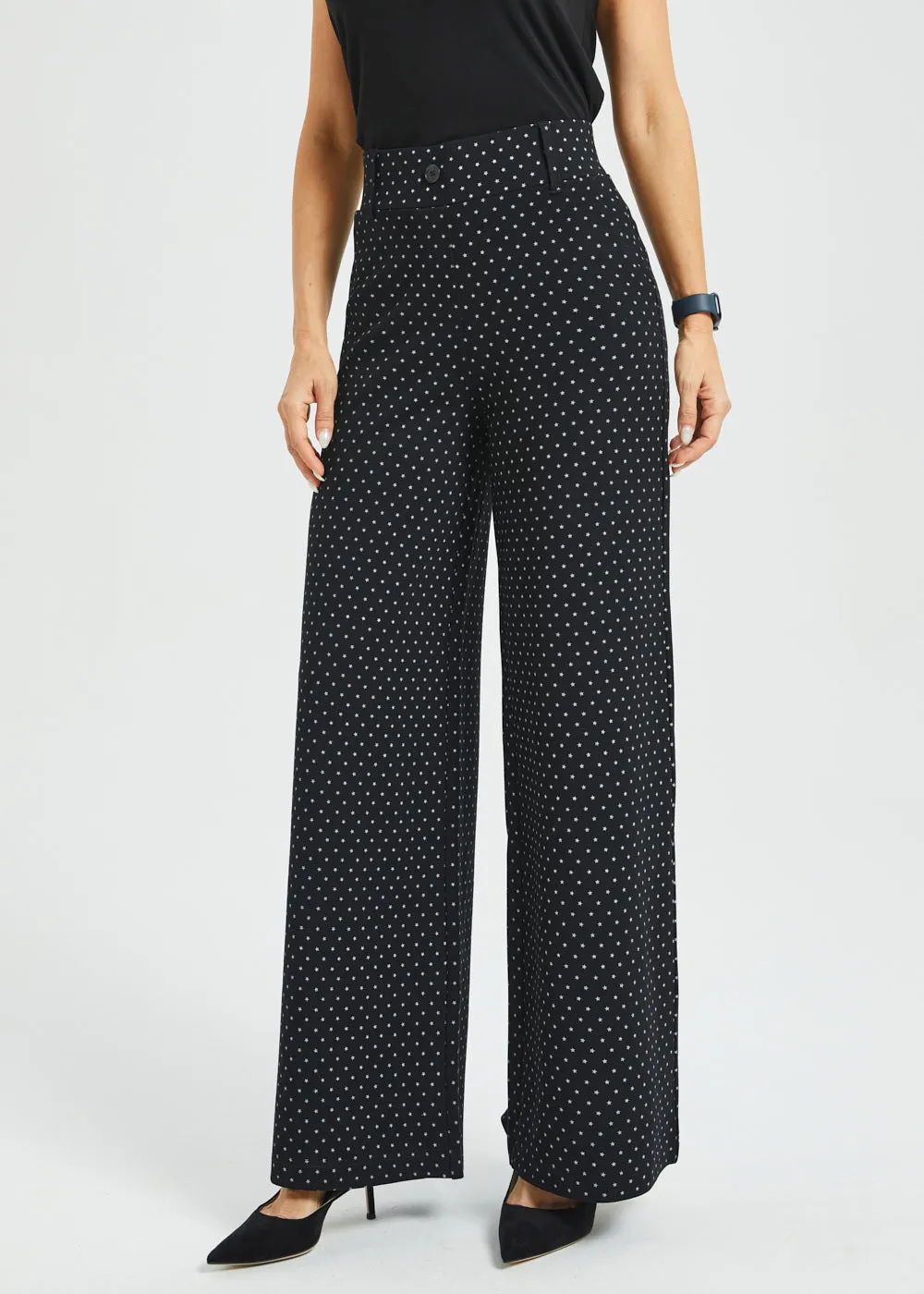 Classic High-Waist DPYP™ Dress Pant Yoga Pants | Wide (Black White Star) sold by Betabrand