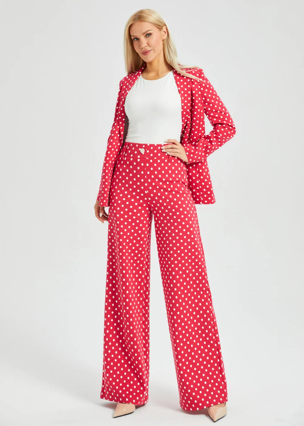 Classic High-Waist DPYP™ Dress Pant Yoga Pants | Wide (Red White Dot) sold by Betabrand