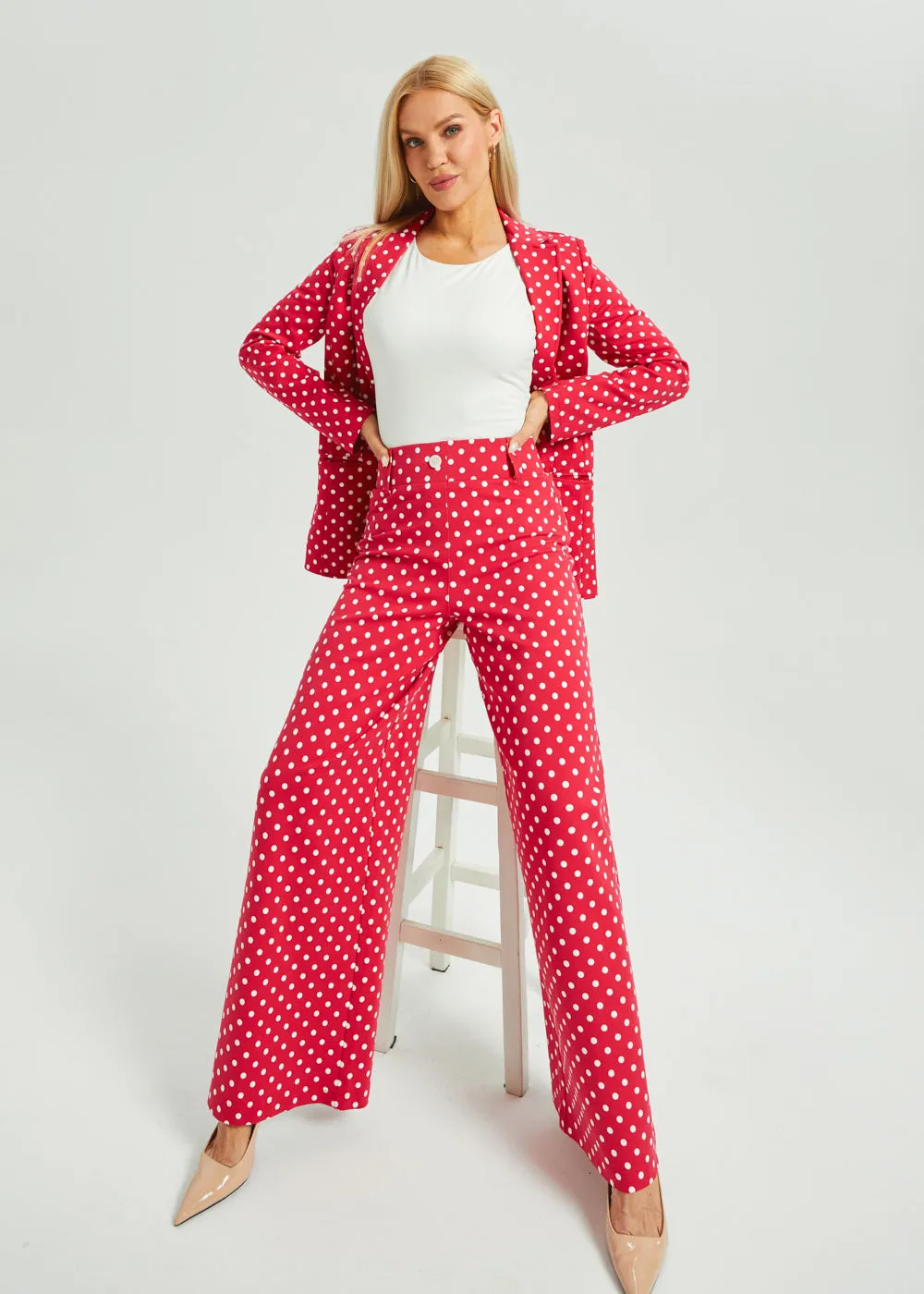 Classic High-Waist DPYP™ Dress Pant Yoga Pants | Wide (Red White Dot) sold by Betabrand product image thumbnail 5