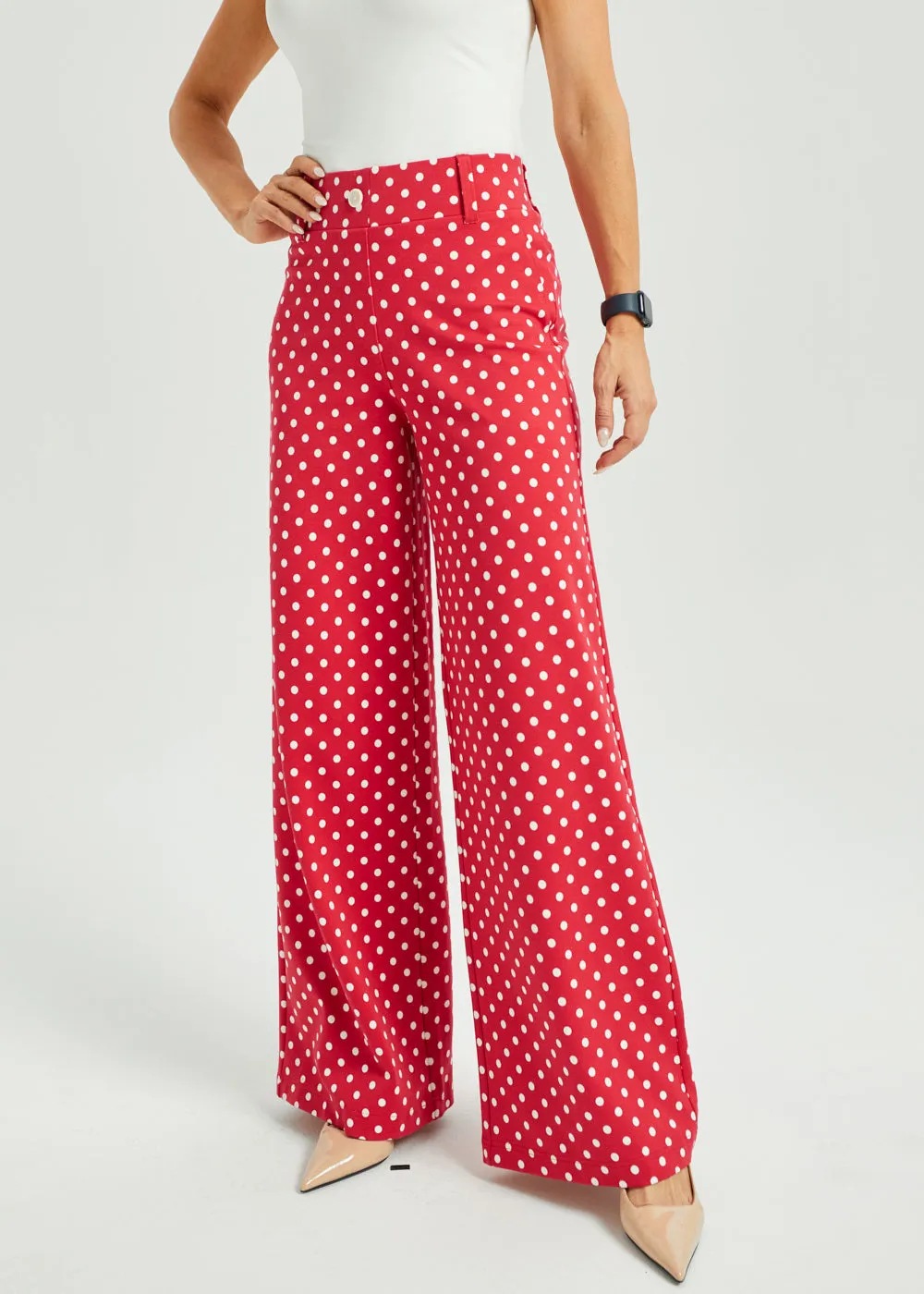 Classic High-Waist DPYP™ Dress Pant Yoga Pants | Wide (Red White Dot) sold by Betabrand product image thumbnail 2