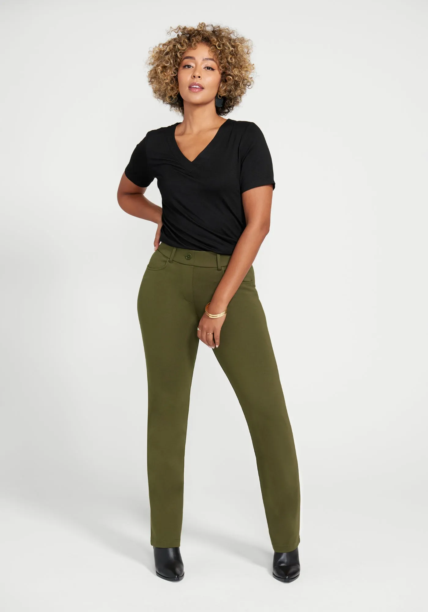 7-Pocket Dress Pant Yoga Pant | Straight (Dark Olive) sold by Betabrand