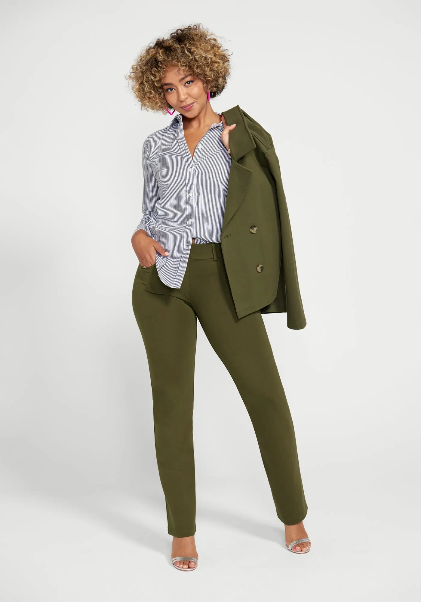 7-Pocket Dress Pant Yoga Pant | Straight (Dark Olive) sold by Betabrand product image thumbnail 4