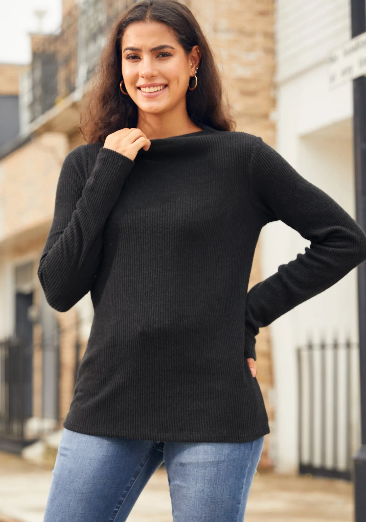 UltraEase Long Sleeve Mockneck (Black) sold by Betabrand