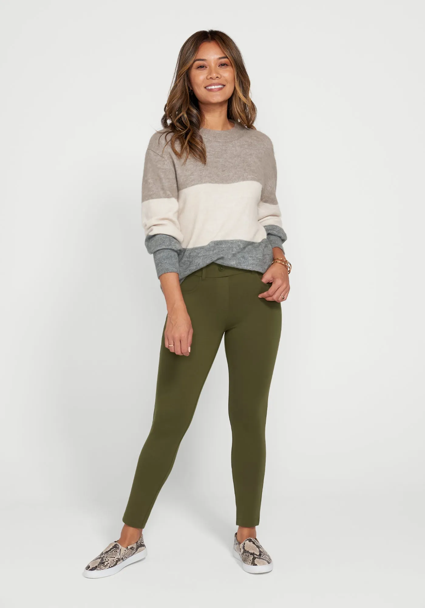 7-Pocket Dress Pant Yoga Pant | Skinny (Dark Olive) sold by Betabrand