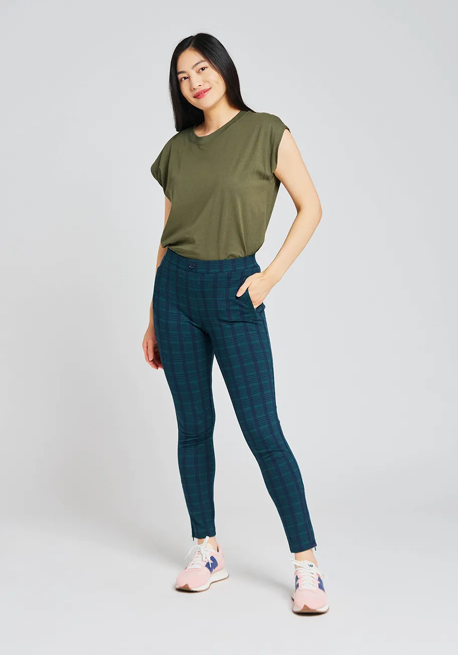 Skinny-Leg | Pencil Dress Pant Yoga Pants (Teal Tartan) sold by Betabrand