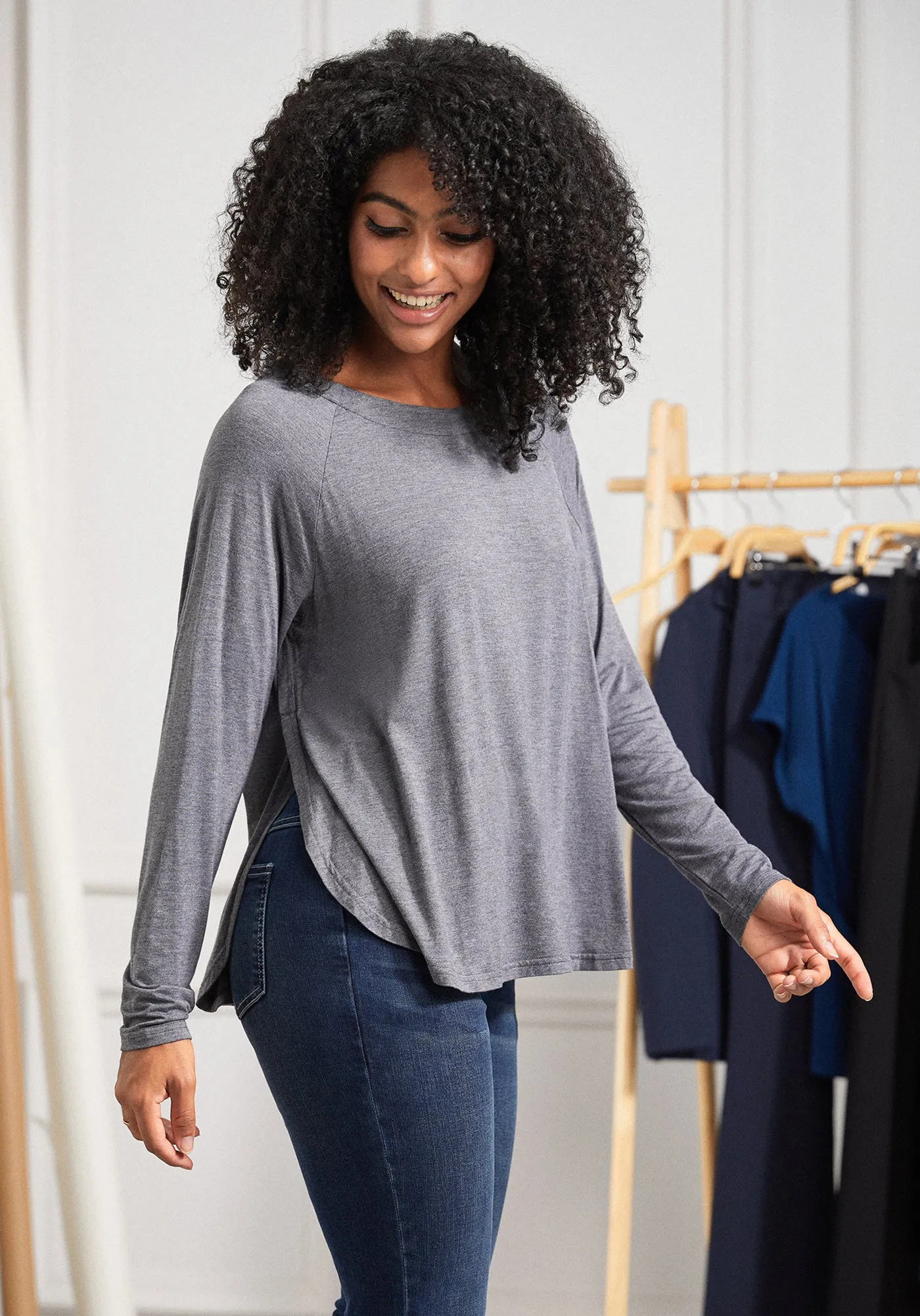 Essential Split Hem Long Sleeve (Charcoal) sold by Betabrand
