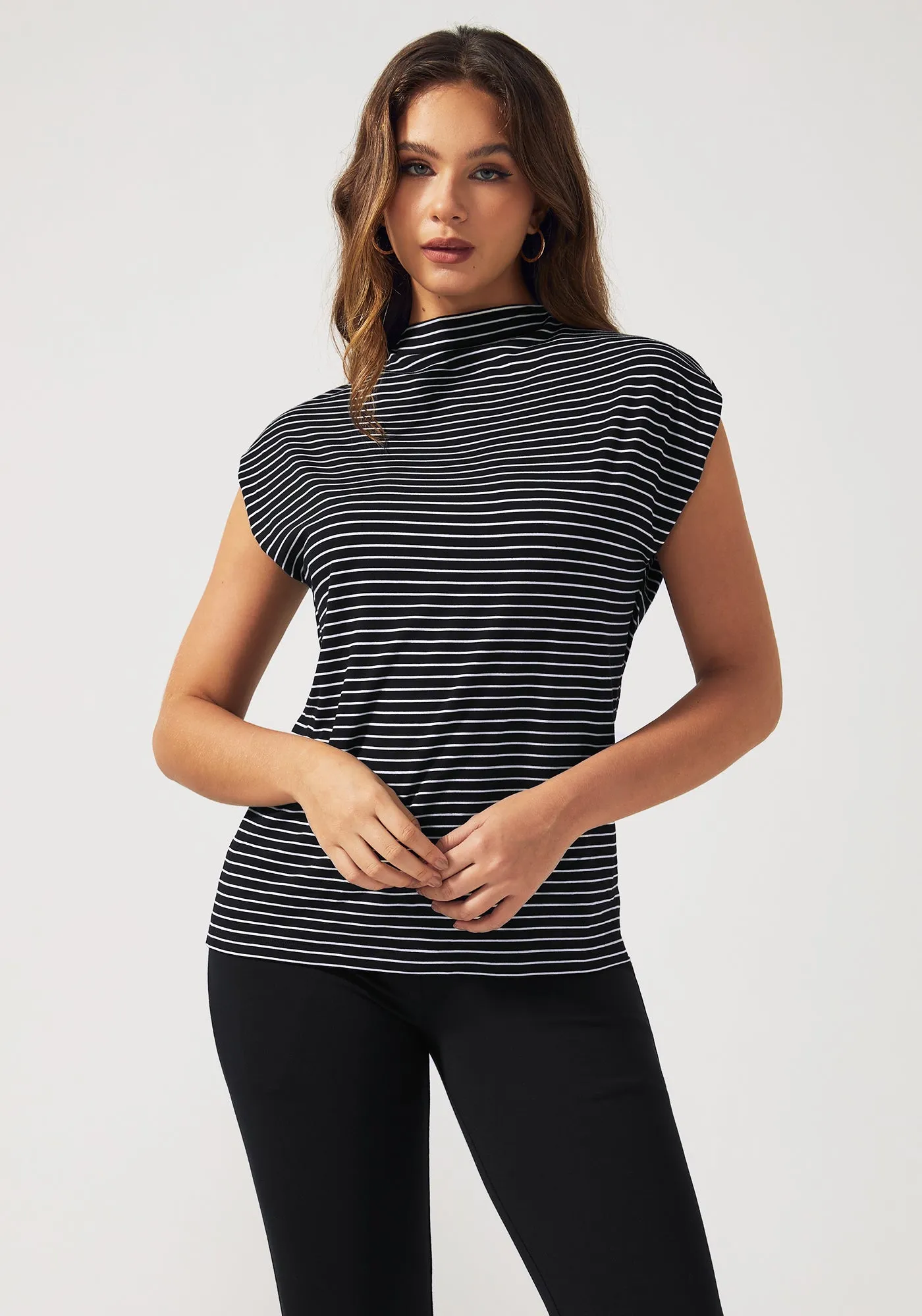 Cap Sleeve Mockneck (Black Stripe) sold by Betabrand