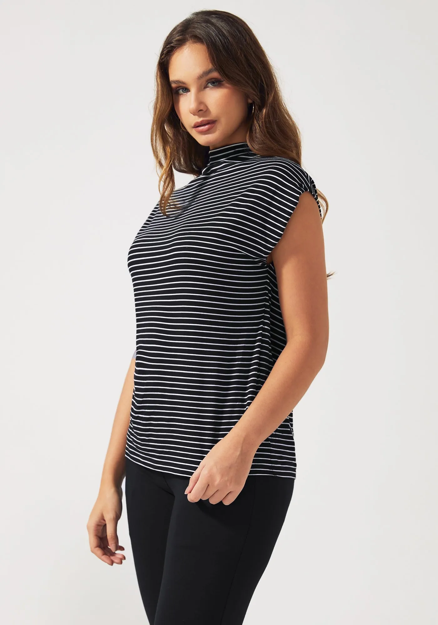 Cap Sleeve Mockneck (Black Stripe) sold by Betabrand product image thumbnail 2