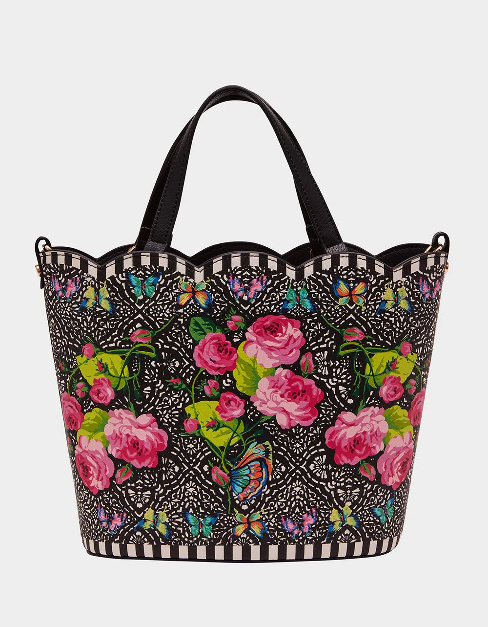 SECRET GARDEN SCALLOPED SHOPPER BLACK MULTI sold by Betsey Johnson