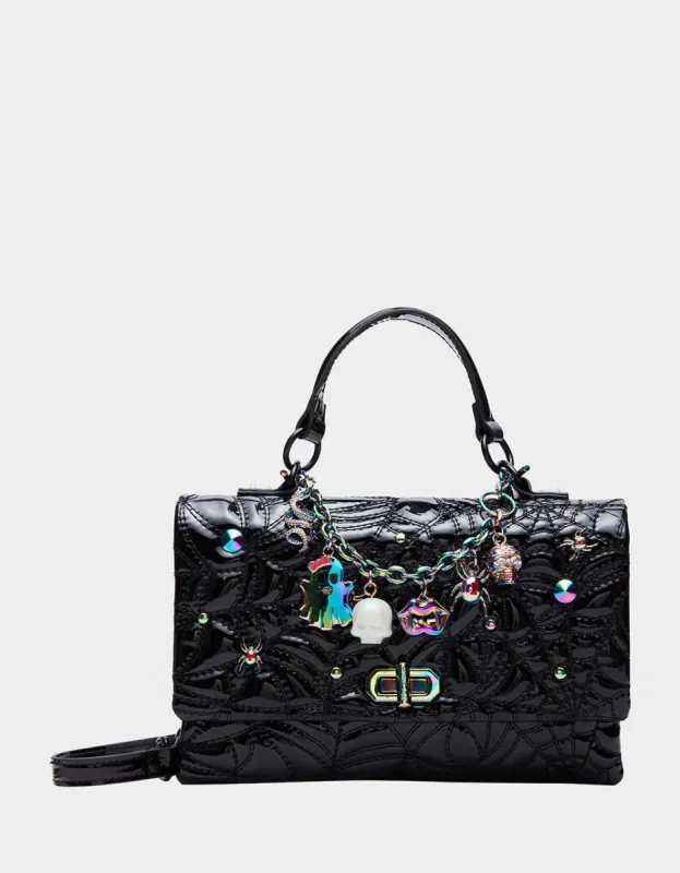 CHARMS & SPELLS CHARM BRACELET BAG BLACK PATENT made by Betsey Johnson