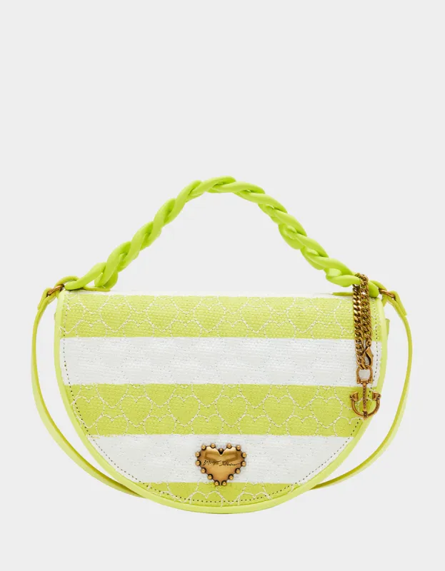 NAUTI-GAL HALF MOON RAFFIA FLAP CITRON made by Betsey Johnson