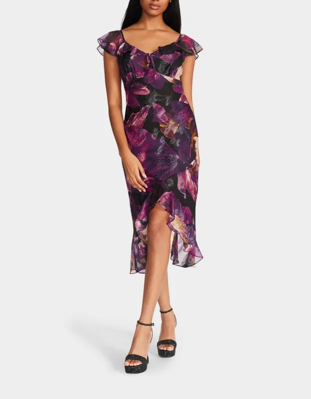 FLORAL METALLIC CHIFFON MIDI DRESS BLACK sold by Betsey Johnson