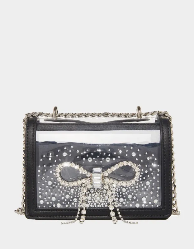 CLEAR CONVERTIBLE BAG WITH RHINESTONE BOW BLACK sold by Betsey Johnson
